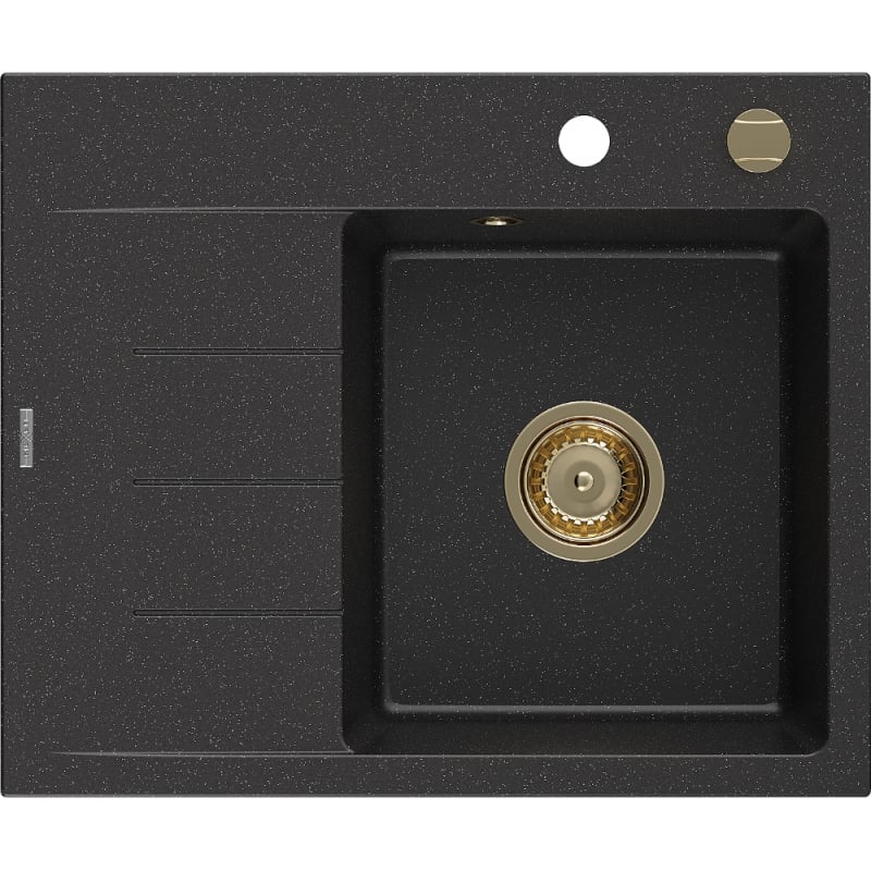 Mexen Ben Granitspüle, 1-beckig mit Abtropffläche rechts 600 x 500 mm schwarz/silber metallic, goldener Siphon - 6523605000-73-G