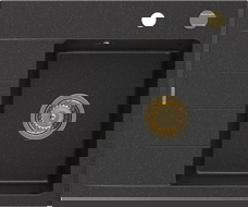 Mexen Ben Granitspüle, 1-beckig mit Abtropffläche rechts 600 x 500 mm schwarz/silber metallic, goldener Siphon - 6523605000-73-G