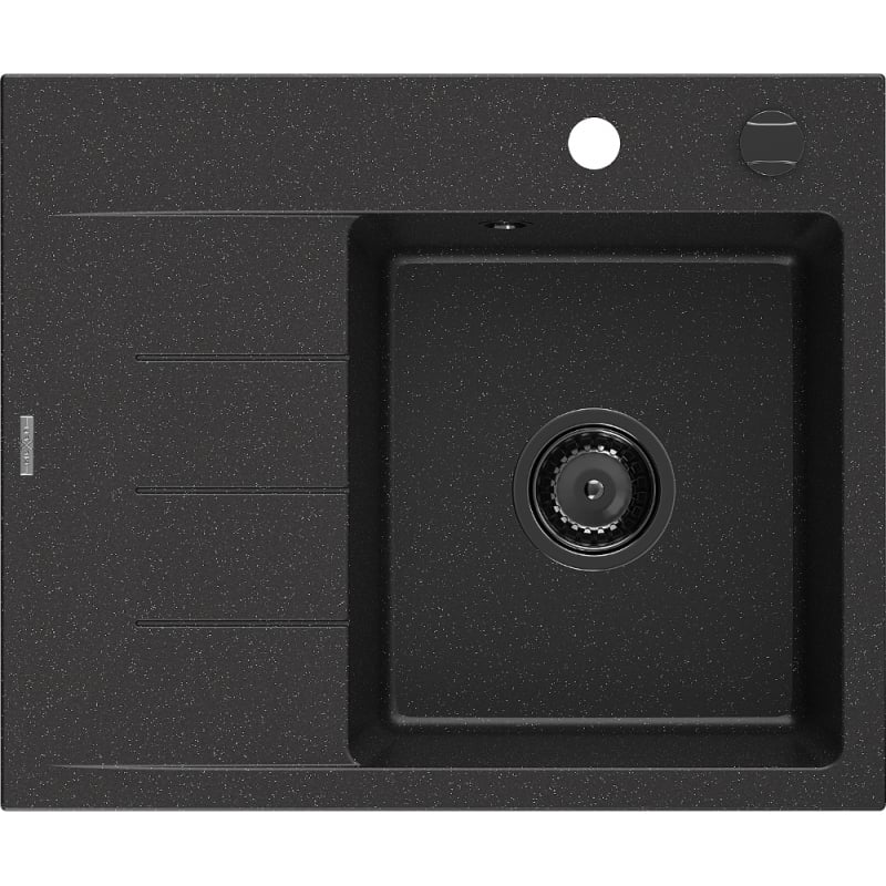 Mexen Ben lava-loiça de granito com 1 cuba e escorredor, direita 600x500 mm, preto/prateado metálico sifão preto