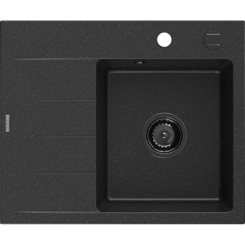 Mexen Ben zlewozmywak granitowy 1-komorowy z ociekaczem, prawy 600x500 mm, czarny/srebrny metalik syfon czarny - 6523605000-73-B