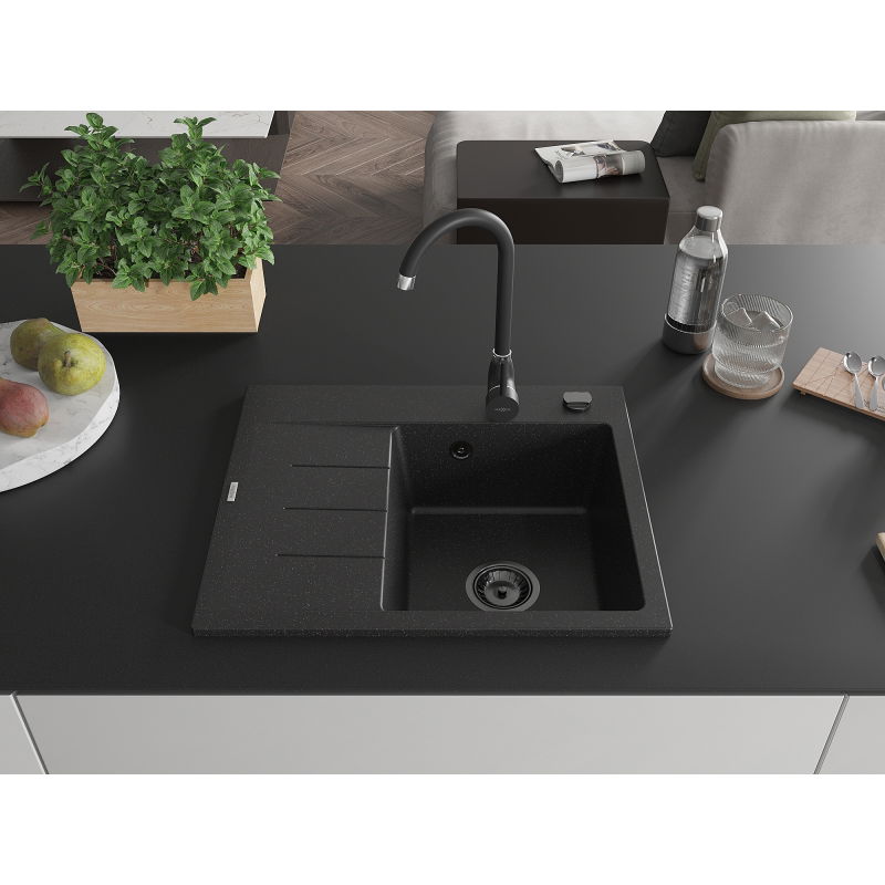 Mexen Ben lava-loiça de granito com 1 cuba e escorredor, direita 600x500 mm, preto/prateado metálico sifão preto