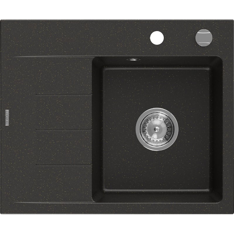 Mexen Ben 1-bowl granite sink with right drainer 600 x 500 mm, black/gold metallic, chrome siphon - 6523605000-75