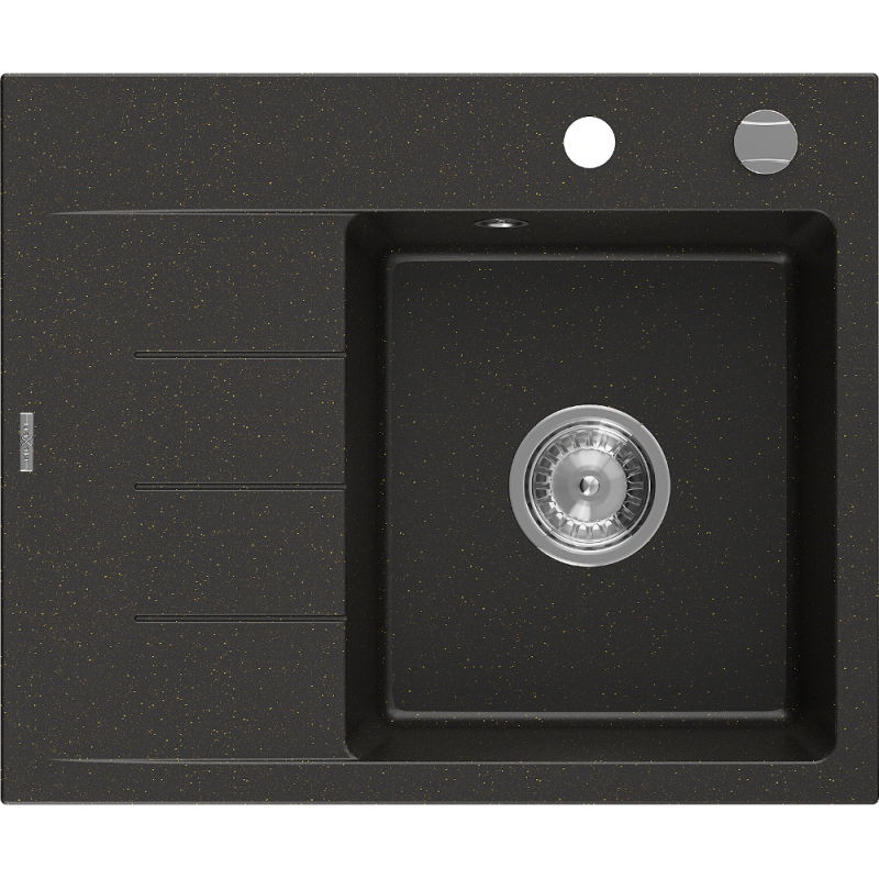 Mexen Ben Granitspüle 1-Becken mit Abtropffläche, rechts 600 x 500 mm, schwarz/gold metallic, Siphon chrom - 6523605000-75