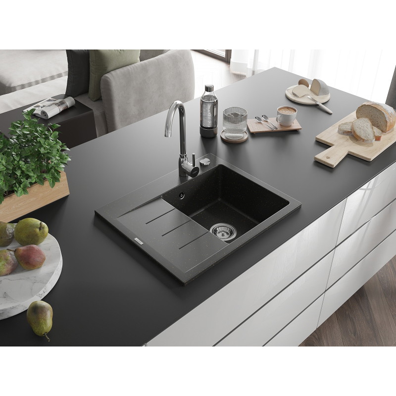 Mexen Ben graniidist ühe kausiga kraanikauss nõguga, parempoolne 600 x 500 mm, must/kuldne metallik, kroom sifoon