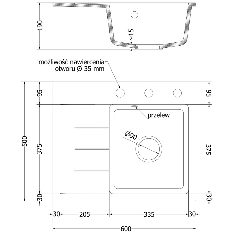 Mexen Ben graniidist ühe kausiga kraanikauss nõguga, parempoolne 600 x 500 mm, must/kuldne metallik, kroom sifoon