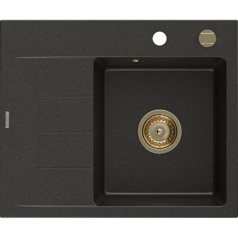 Mexen Ben fregadero de granito de 1 cubeta con escurridor, derecho 600 x 500 mm, negro/dorado metálico, sifón dorado