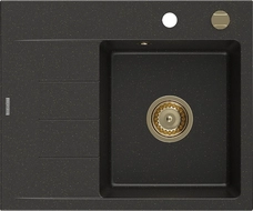 Mexen Ben évier en granit 1 bac avec égouttoir, droit 600 x 500 mm, noir/doré métallique, siphon doré - 6523605000-75-G