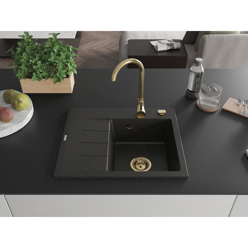 Mexen Ben granitni sudoper s 1 komorom s ocjednom, desni 600 x 500 mm, crni/zlatni metalik, zlatni sifon - 6523605000-75-G