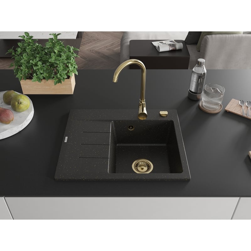 Mexen Ben lava-louça de granito de 1 cuba com escorredor, direito 600 x 500 mm, preto/dourado metálico, sifão dourado