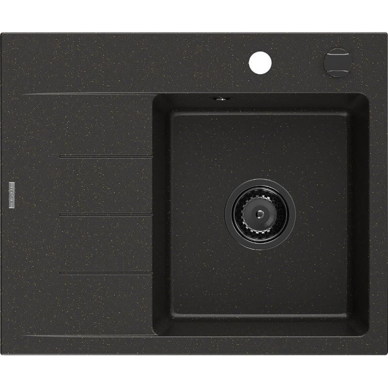 Mexen Ben graniittinen 1-allas tiskiallas valutustasolla, oikea 600 x 500 mm, musta/kultainen metalli, musta viemäri