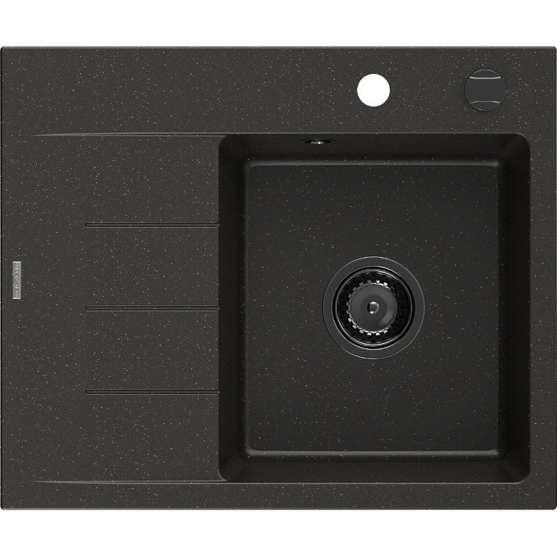 Mexen Ben lava-loiça de granito com 1 cuba e escorredor, direito 600 x 500 mm, preto/dourado metálico sifão preto