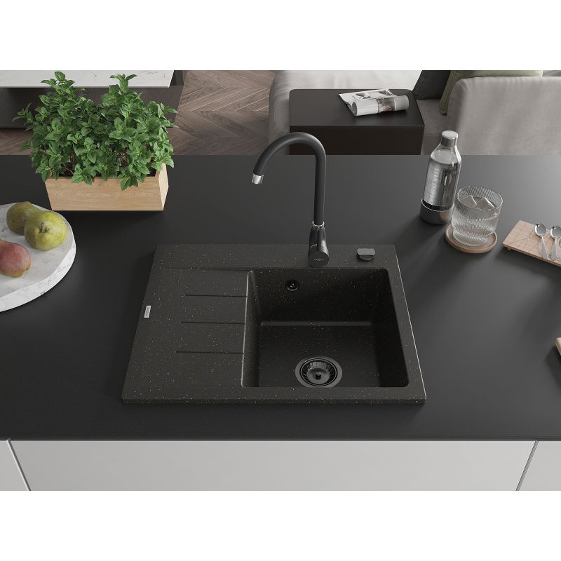 Mexen Ben Fregadero de granito de 1 cubeta con escurridor, derecho 600 x 500 mm, negro/dorado metálico sifón negro