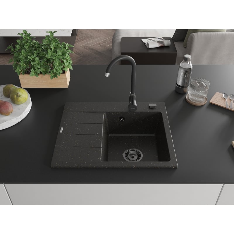 Mexen Ben graniittinen 1-allas tiskiallas valutustasolla, oikea 600 x 500 mm, musta/kultainen metalli, musta viemäri