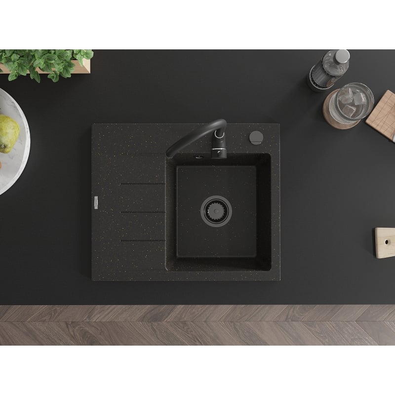 Mexen Ben lava-loiça de granito com 1 cuba e escorredor, direito 600 x 500 mm, preto/dourado metálico sifão preto
