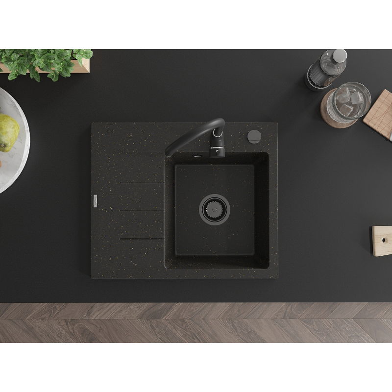 Mexen Ben lavello in granito 1-vasca con sgocciolatoio, destro 600 x 500 mm, nero/oro metallico sifone nero - 6523605000-75-B