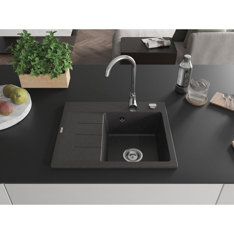 Mexen Ben Granitéier Kiischte mat enger Schoss a Bord, riets 600 x 500 mm, schwaarz gesprenkelt, Chrom Siphon - 6523605000-76