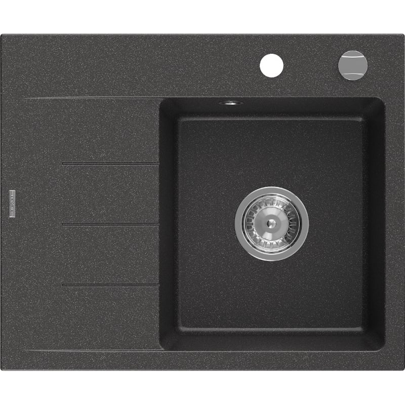 Mexen Ben évier en granit 1 bac avec égouttoir, droit 600 x 500 mm, noir moucheté, siphon chromé - 6523605000-76