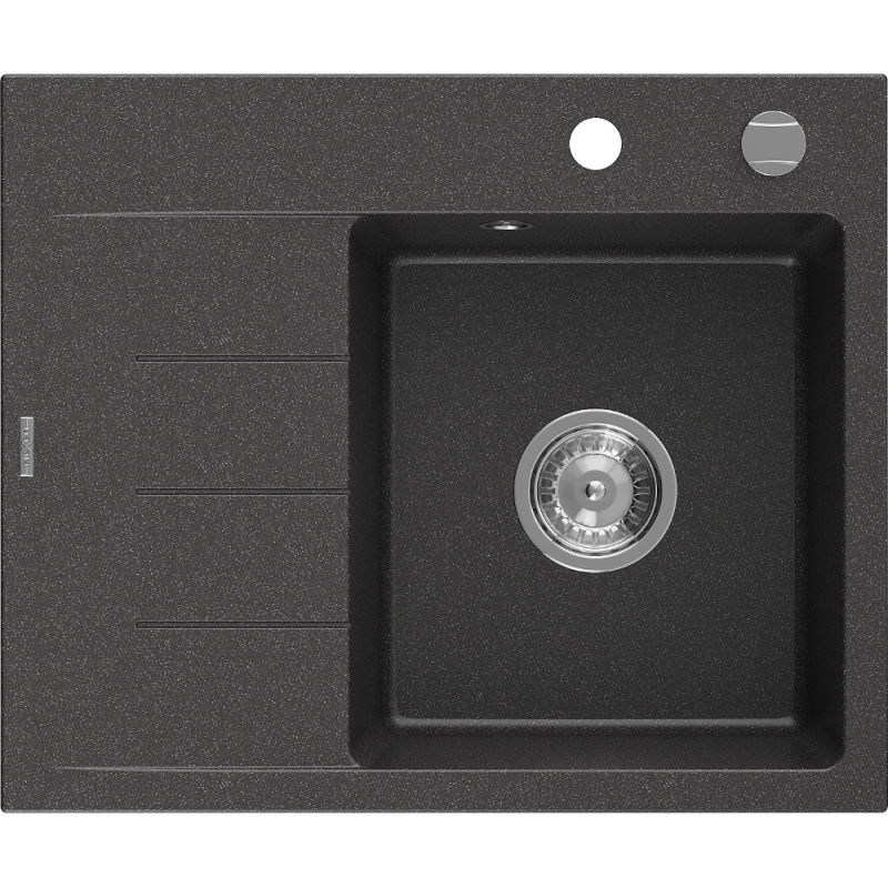 Mexen Ben Granitspüle 1-beckig mit Abtropffläche rechts 600 x 500 mm, schwarz gesprenkelt, Siphon Chrom - 6523605000-76