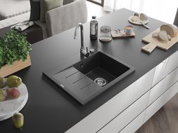 Mexen Ben 1-komorige granieten gootsteen met afdruipplaat, rechts 600 x 500 mm, zwart gespikkeld, chromen sifon - 6523605000-76