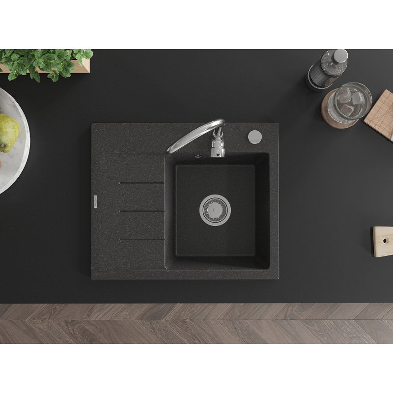Mexen Ben fregadero de granito de 1 seno con escurridor, derecho 600 x 500 mm, negro moteado, sifón cromo - 6523605000-76