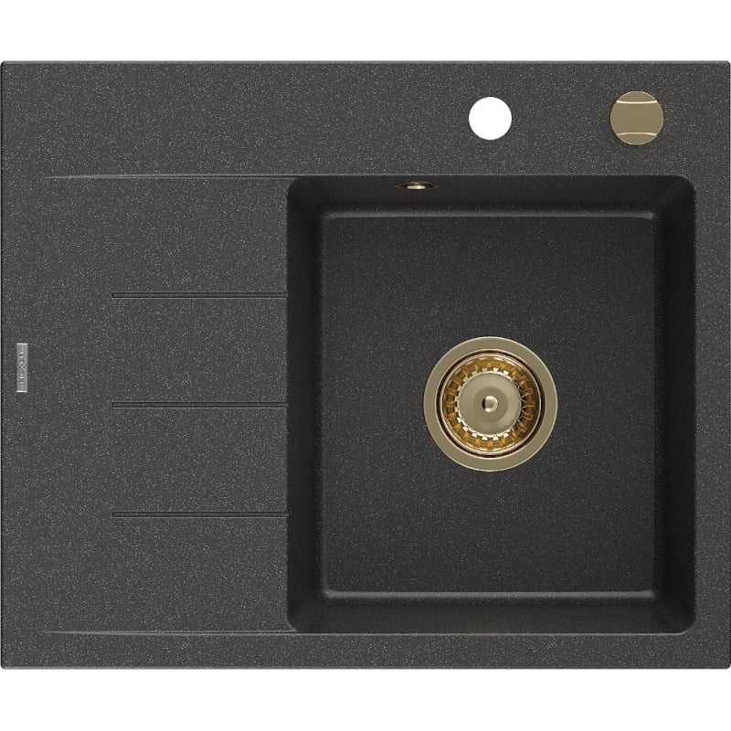Mexen Ben Évier en granit à 1 bac avec égouttoir, droit 600 x 500 mm, noir moucheté, siphon doré - 6523605000-76-G