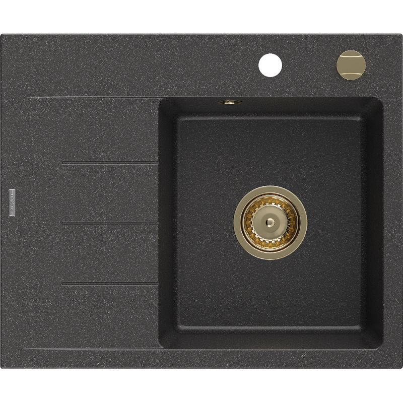 Mexen Ben lavello in granito a 1 vasca con scolapiatti, destro 600 x 500 mm, nero maculato, sifone dorato - 6523605000-76-G