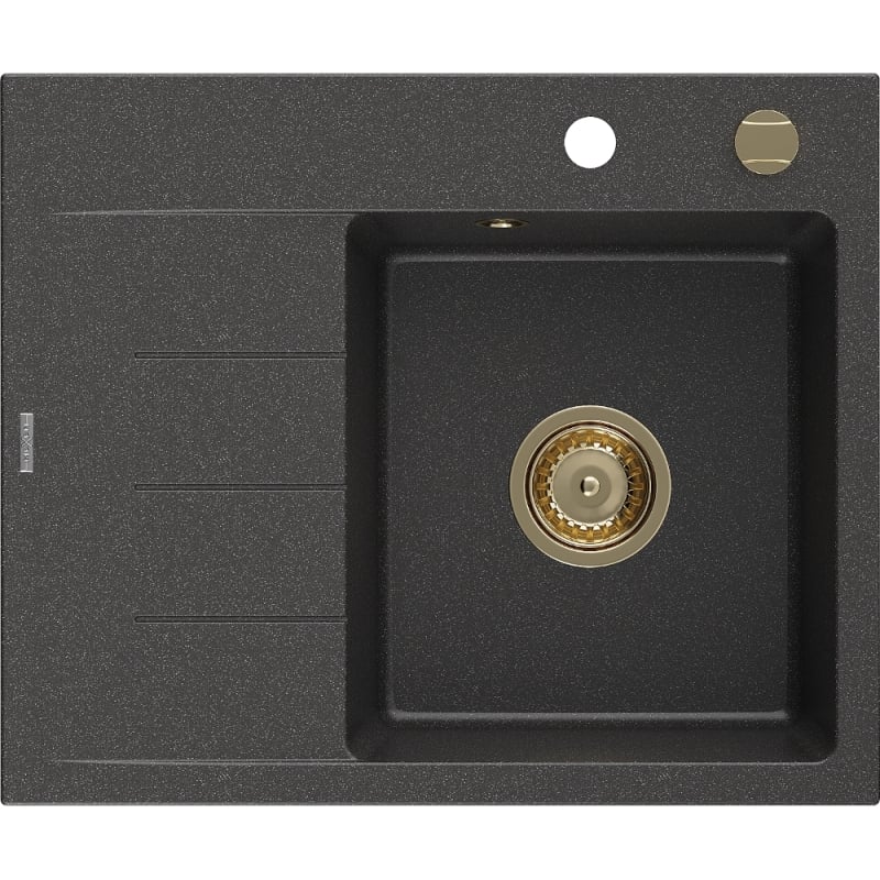 Mexen Ben zlewozmywak granitowy 1-komorowy z ociekaczem, prawy 600 x 500 mm, czarny nakrapiany, syfon złoty - 6523605000-76-G