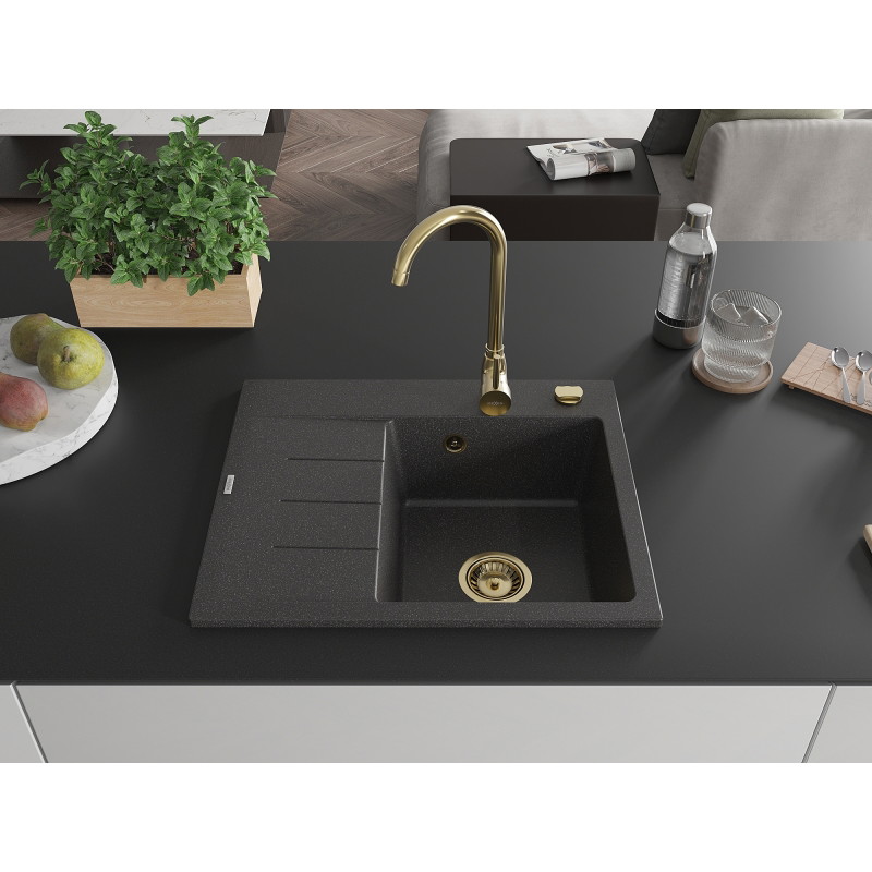 Mexen Ben zlewozmywak granitowy 1-komorowy z ociekaczem, prawy 600 x 500 mm, czarny nakrapiany, syfon złoty - 6523605000-76-G