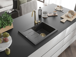 Mexen Ben lavello in granito a 1 vasca con scolapiatti, destro 600 x 500 mm, nero maculato, sifone dorato - 6523605000-76-G