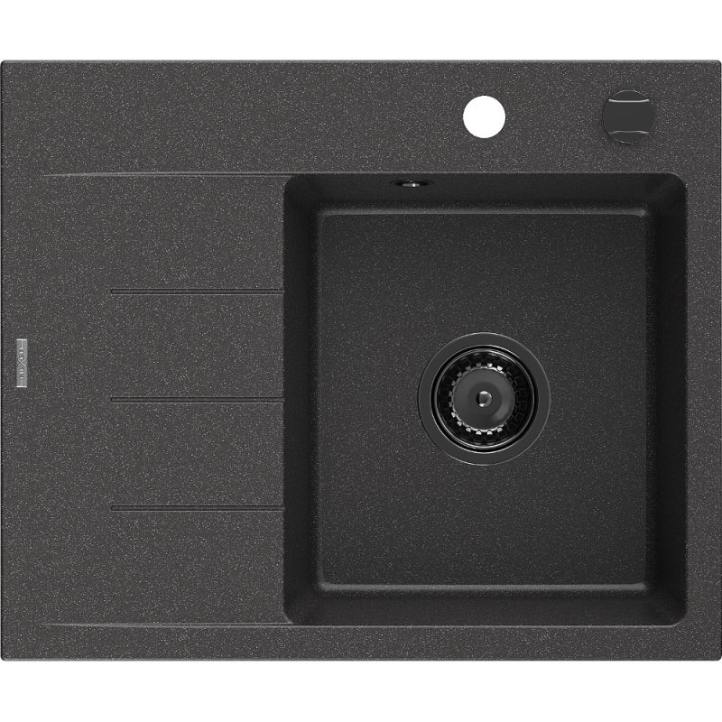 Mexen Ben fregadero de granito de 1 seno con escurridor, derecho 600 x 500 mm, negro salpicado, sifón negro - 6523605000-76-B