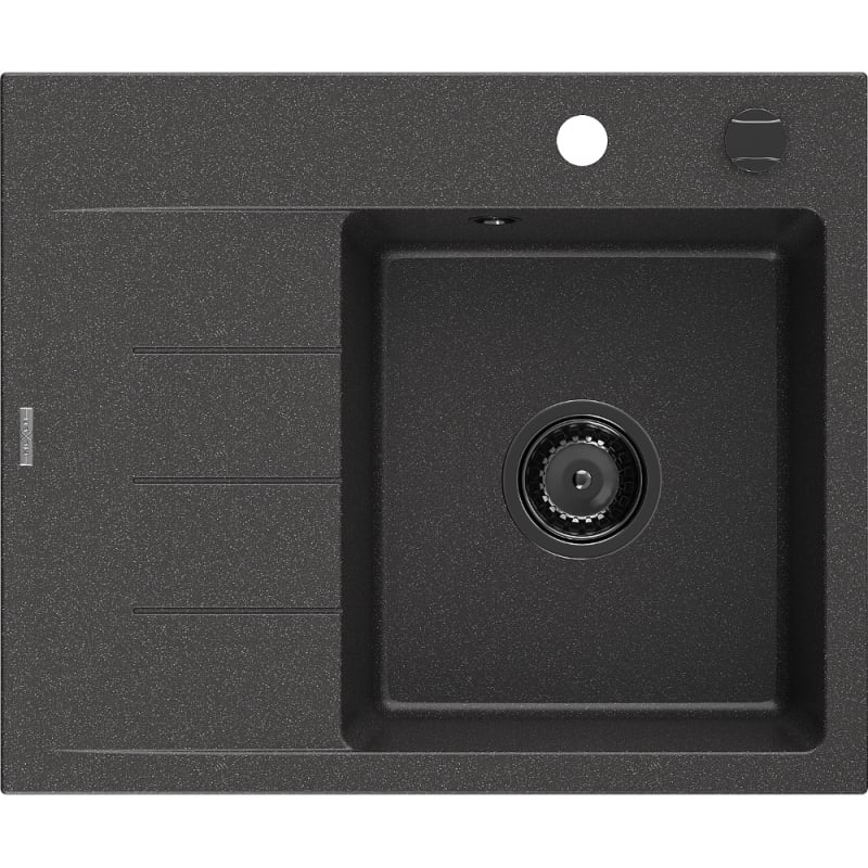 Mexen Ben Granitspüle 1-Becken mit Abtropffläche rechts 600 x 500 mm, schwarz gesprenkelt, schwarzer Siphon - 6523605000-76-B
