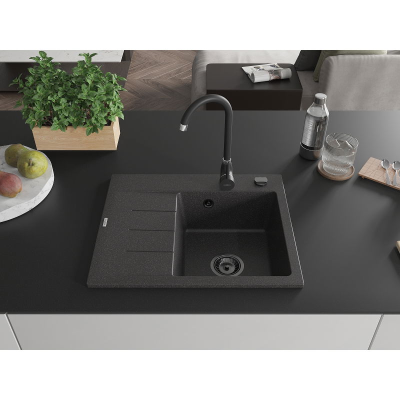 Mexen Ben granieten gootsteen 1-komoers met afdruiprek, rechts 600 x 500 mm, zwart gespikkeld, zwarte sifon - 6523605000-76-B