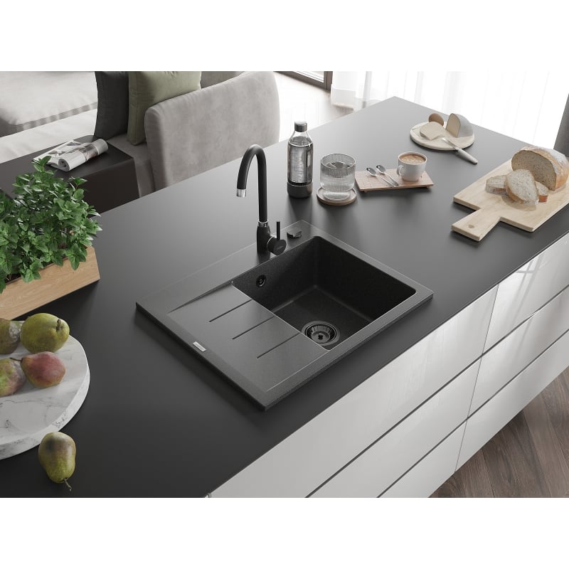 Mexen Ben Granitspüle ein Becken mit Abtropffläche, rechts 600 x 500 mm, schwarz gesprenkelt, schwarzer Siphon