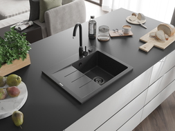 Mexen Ben granitdiskbänk 1-kammare med avrinning, höger 600 x 500 mm, svart stänkt, svart vattenlås - 6523605000-76-B