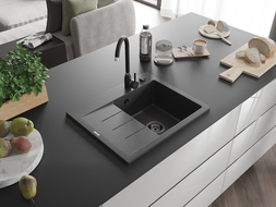 Mexen Ben Granitspüle ein Becken mit Abtropffläche, rechts 600 x 500 mm, schwarz gesprenkelt, schwarzer Siphon