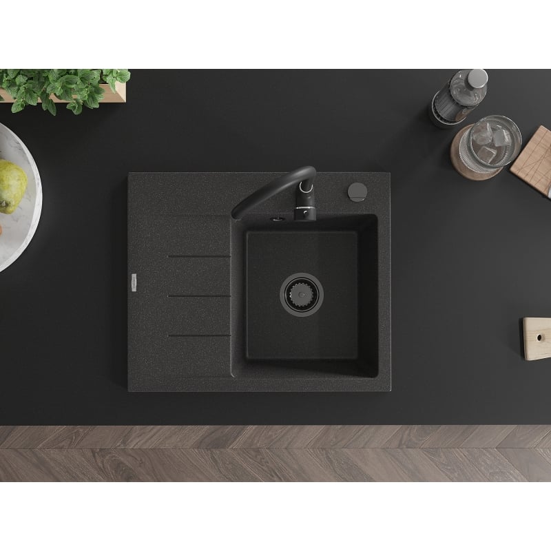 Mexen Ben évier en granit 1 bac avec égouttoir, à droite 600 x 500 mm, noir moucheté, siphon noir - 6523605000-76-B