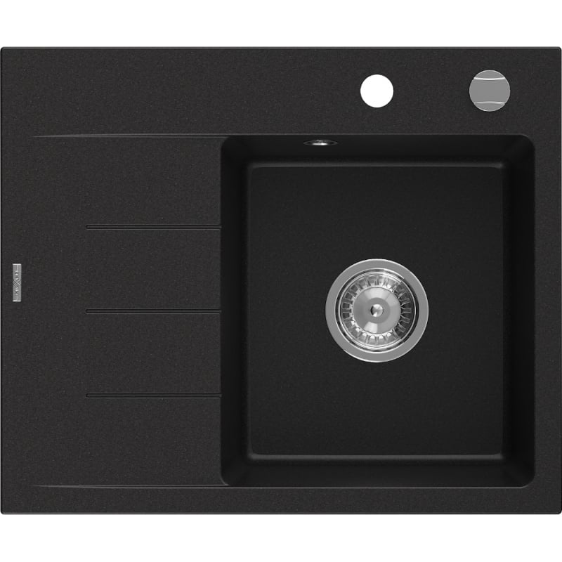 Mexen Ben Granitspüle 1-kammerig mit Abtropffläche rechts 600 x 500 mm, schwarz, Siphon Chrom - 6523605000-77