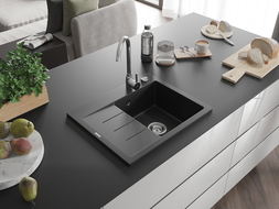 Mexen Ben Granitspüle 1-kammerig mit Abtropffläche rechts 600 x 500 mm, schwarz, Siphon Chrom - 6523605000-77