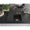 Mexen Ben granitni sudoper s jednom komorom s ocjedivačem, desno 600 x 500 mm, crni, zlatni sifon - 6523605000-77-G
