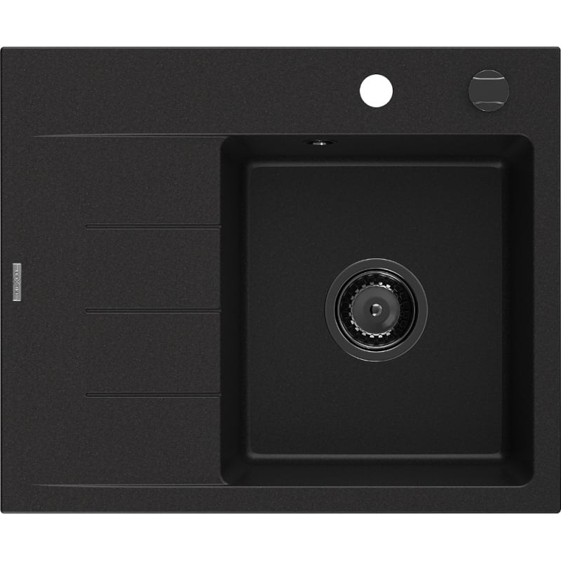 Mexen Ben fregadero de granito de 1 cubeta con escurridor, derecho 600 x 500 mm, negro, sifón negro - 6523605000-77-B