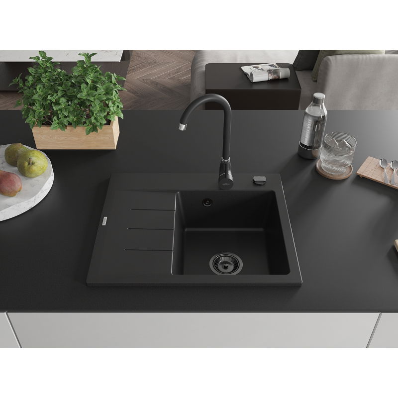 Mexen Ben fregadero de granito de 1 cubeta con escurridor, derecho 600 x 500 mm, negro, sifón negro - 6523605000-77-B
