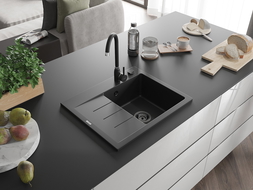 Mexen Ben Granitspüle 1-becken mit Ablage rechts 600 x 500 mm, schwarz, schwarzer Siphon - 6523605000-77-B