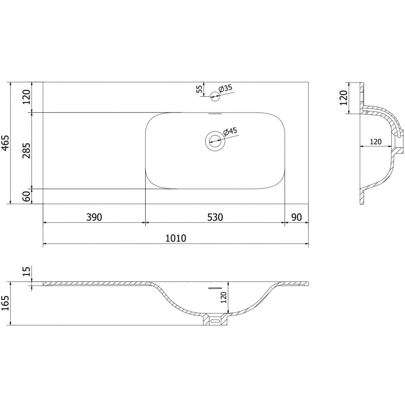 Mexen Vela ingebouwde wastafel rechts 101 x 46,5 cm, wit mat - 25231001P
