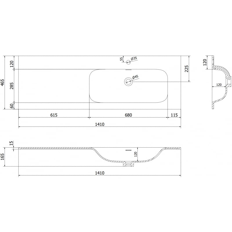Mexen Vela lavandino incassato nel piano a destra 141 x 46,5 cm, bianco lucido - 25231400P