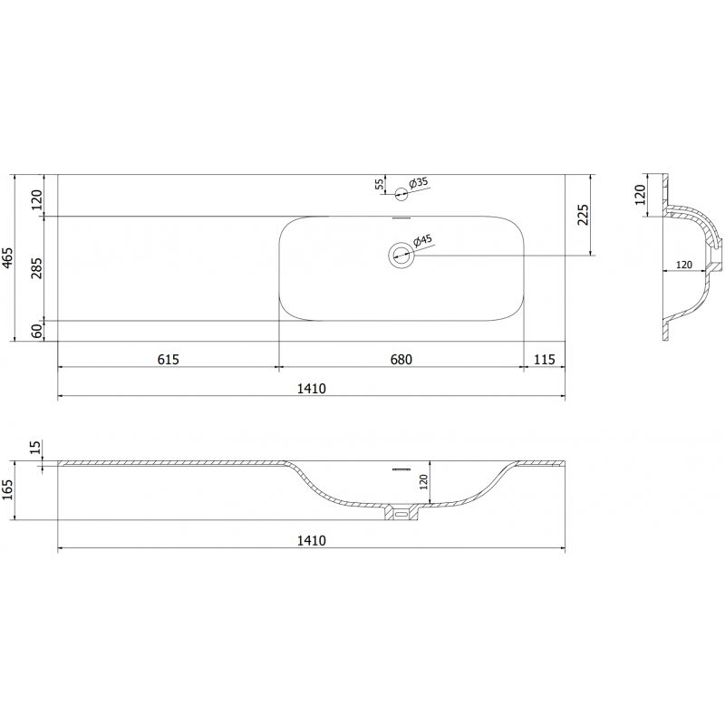 Mexen Vela lavabo incassato nel piano destro 141 x 46,5 cm, bianco opaco - 25231401P