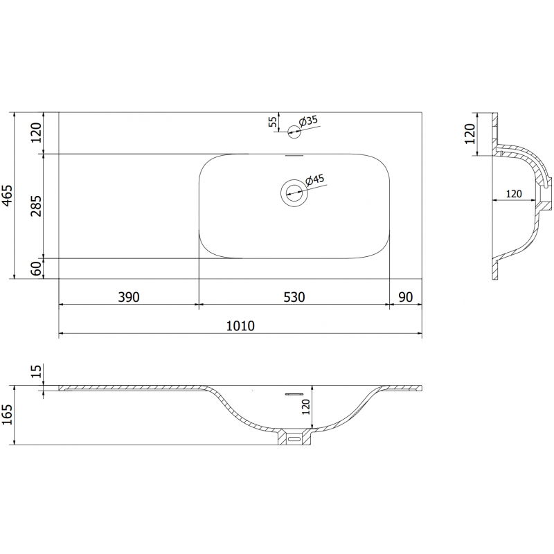 Mexen Vela lavabo encastré dans le plan droit 101 x 46,5 cm, noir mat - 25231071P