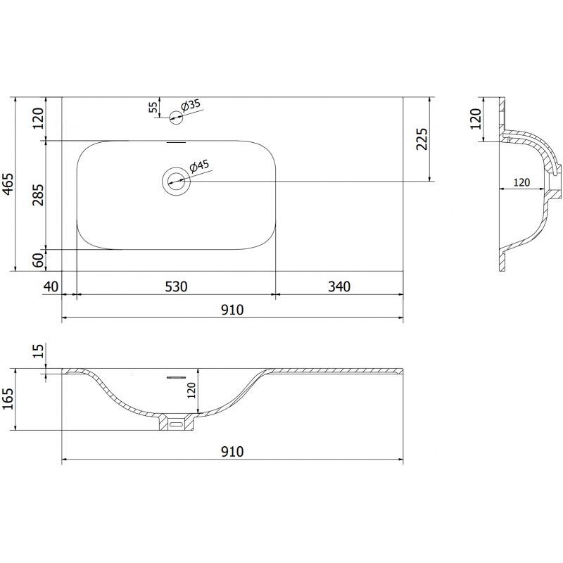 Mexen Vela νιπτήρας ενσωματωμένος στο πάγκο αριστερός 91 x 46,5 cm, μαύρο ματ