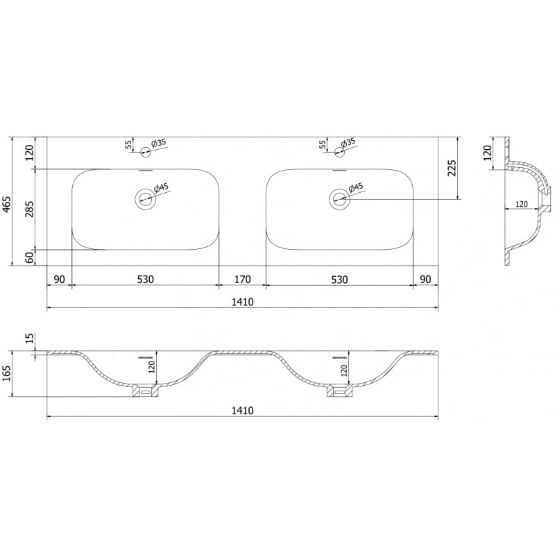 Mexen Vela lavabo da incasso doppio 141 x 46,5 cm, bianco lucido - 25231400D