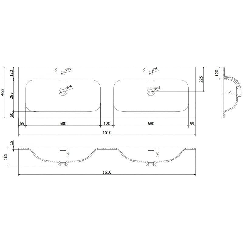 Mexen Vela ingebouwde wastafel dubbel 161 x 46,5 cm, wit glans - 25231600D