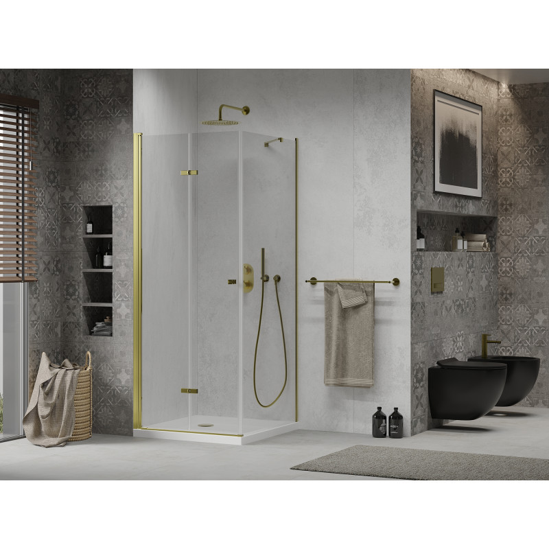 Mexen Lima cabine de douche pliante 80 x 80 cm, transparent, or + receveur de douche Flat - 856-080-080-50-00-4010